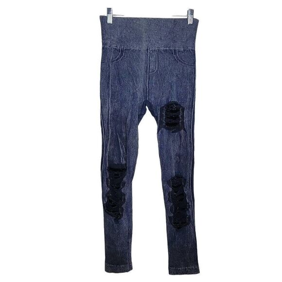Distressed Pull on Stretch Knit Fishnet Legging Blue - Picture 1 of 10